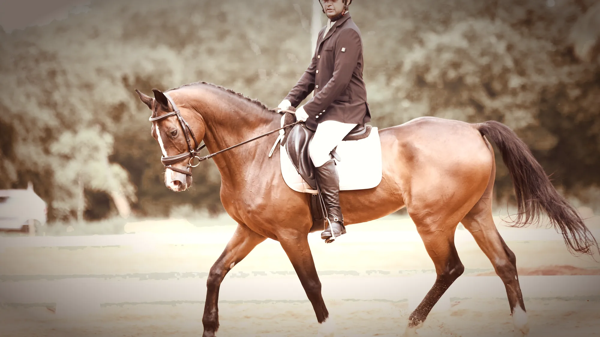 A Kings Equestrian rider and bay horse at extended trot on the red-earth arena